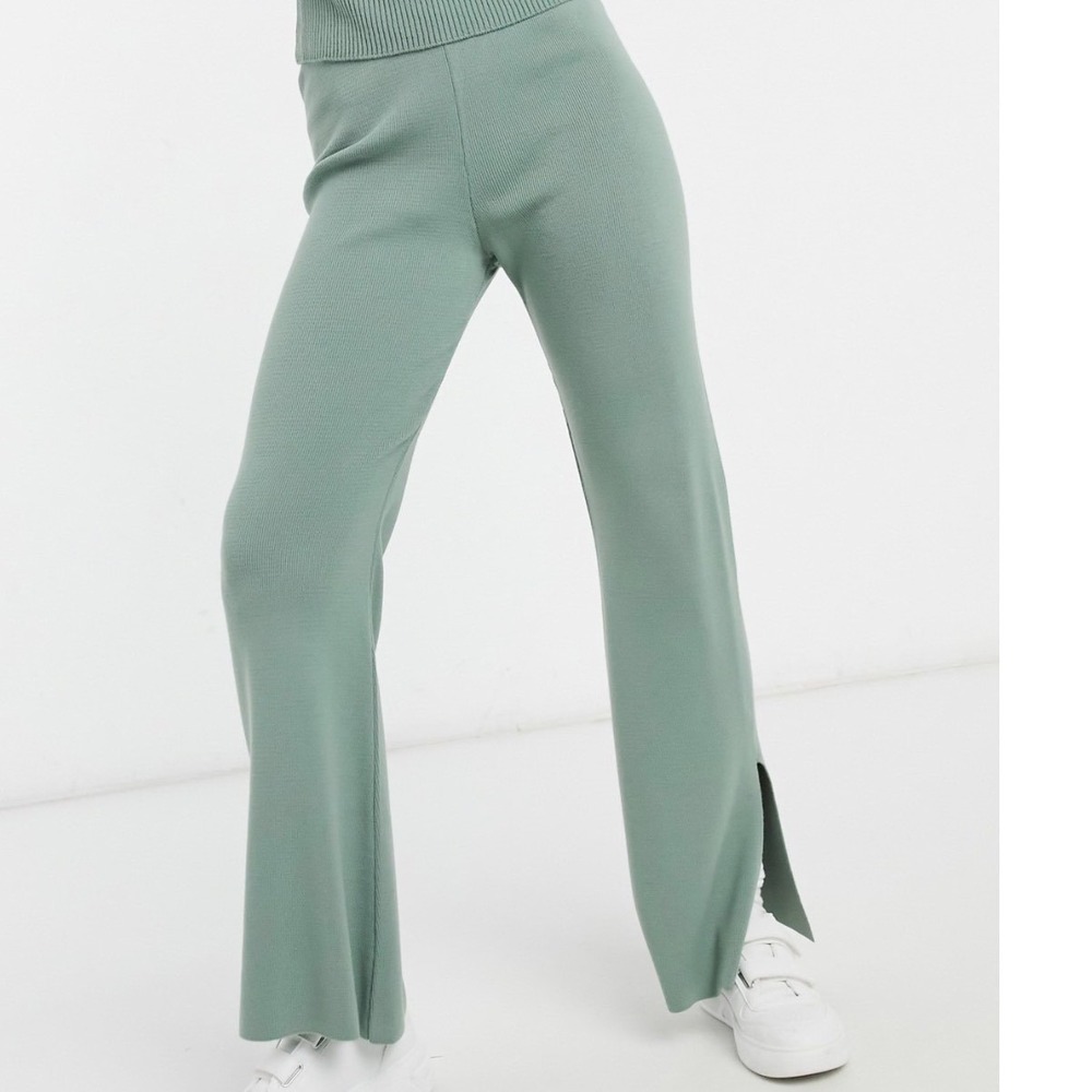 ASOS Sage Green Ribbed Knit Lounge Pants Small 2 High Rise Flare Slit Minimalist